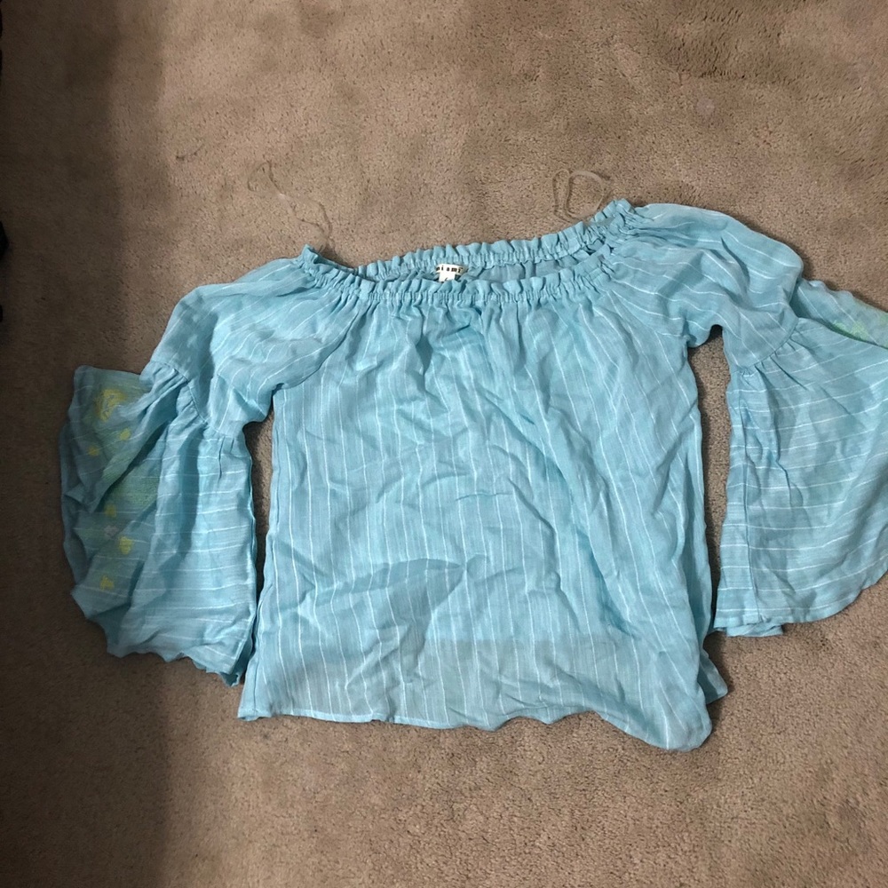 light blue off the shoulder top,